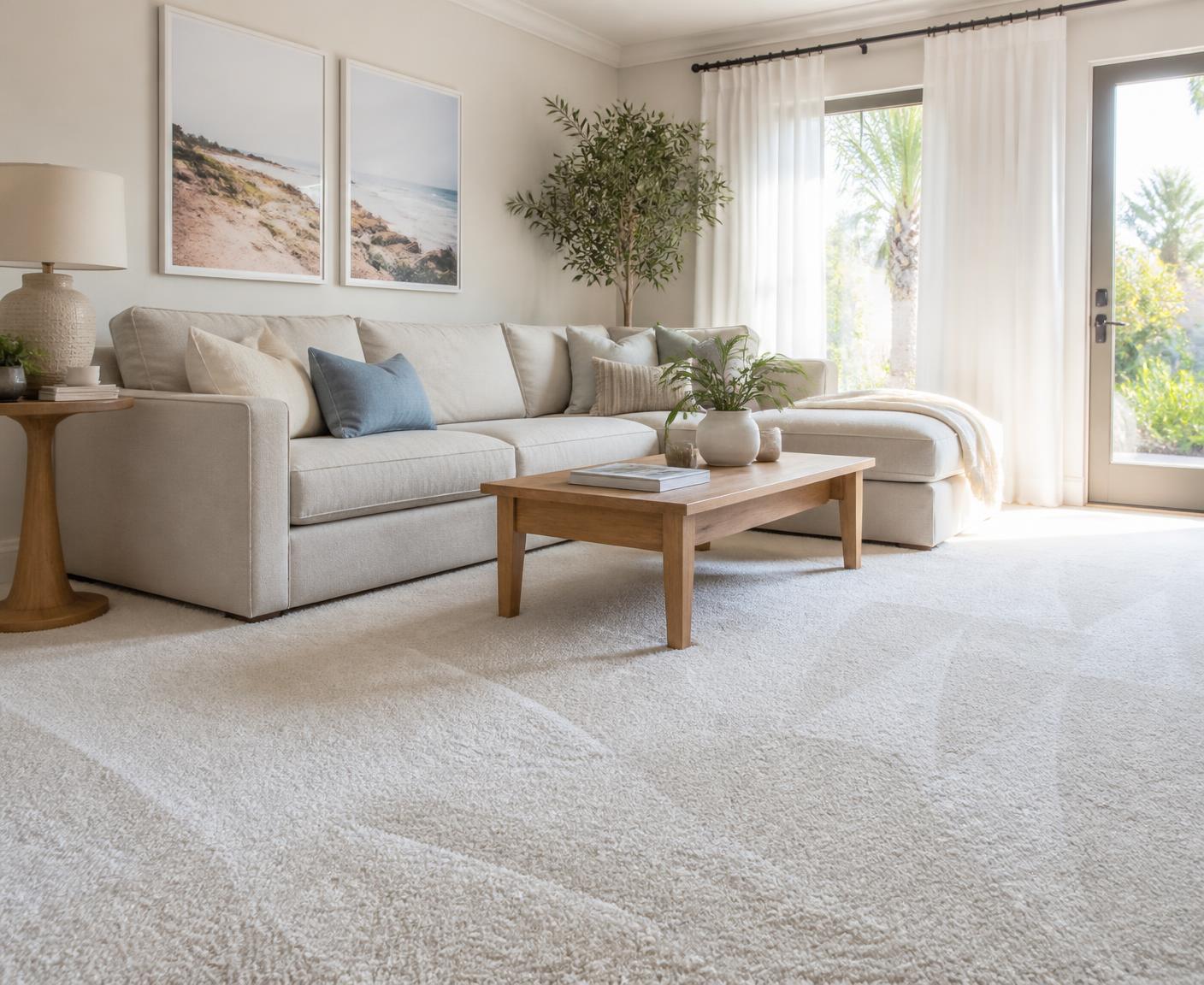 A bright, freshly cleaned Covina living room with plush carpet and a neutral sofa
